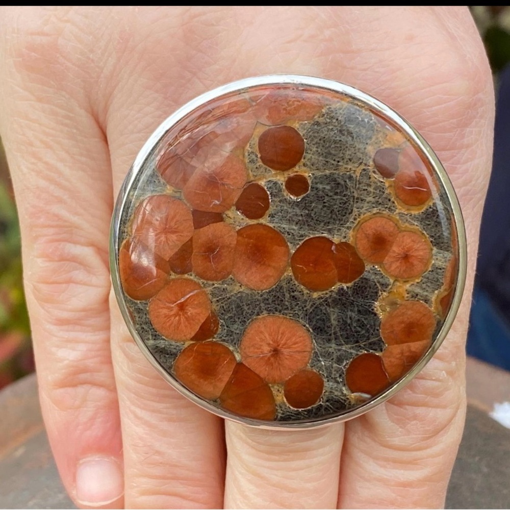 Large Rare Peanut Obsidian / Perlite, 925 Silver, size 9